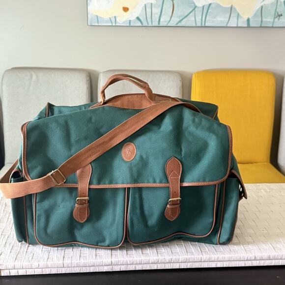 VTG Polo Ralph Lauren Duffle Weekender Travel Bag Large Green Brown Canvas Pony - Picture 9 of 9